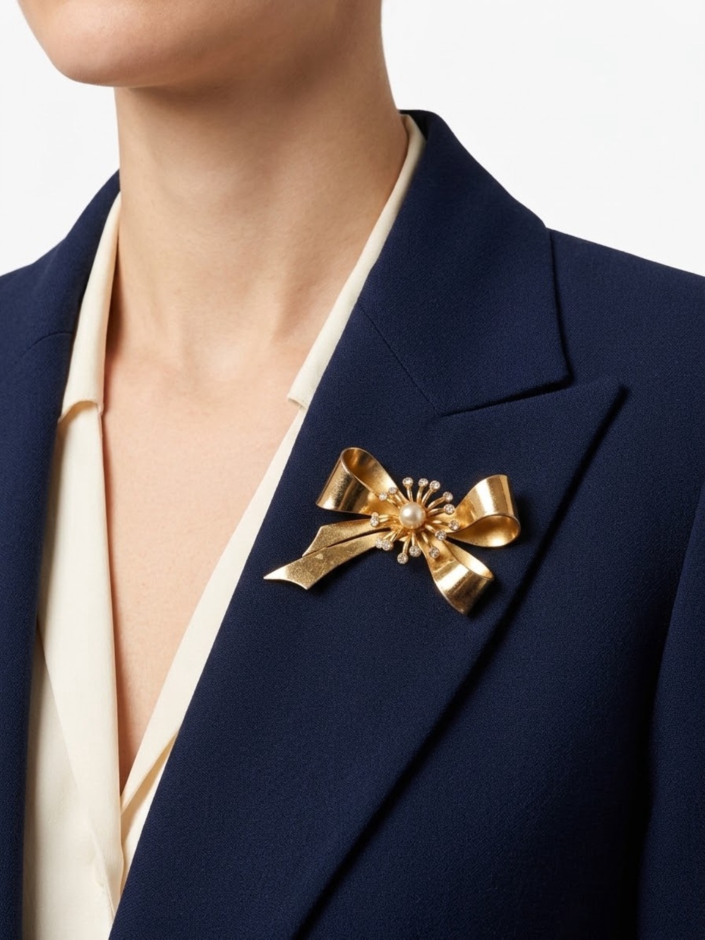 Vintage Coro Gold Bow Brooch with Pearl Accents